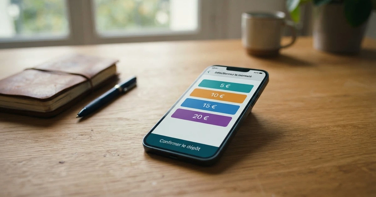 Interface de casino en ligne affichant les options de dépôt par virement bancaire SEPA avec les montants 5, 10, 15 et 20 euros mis en évidence
