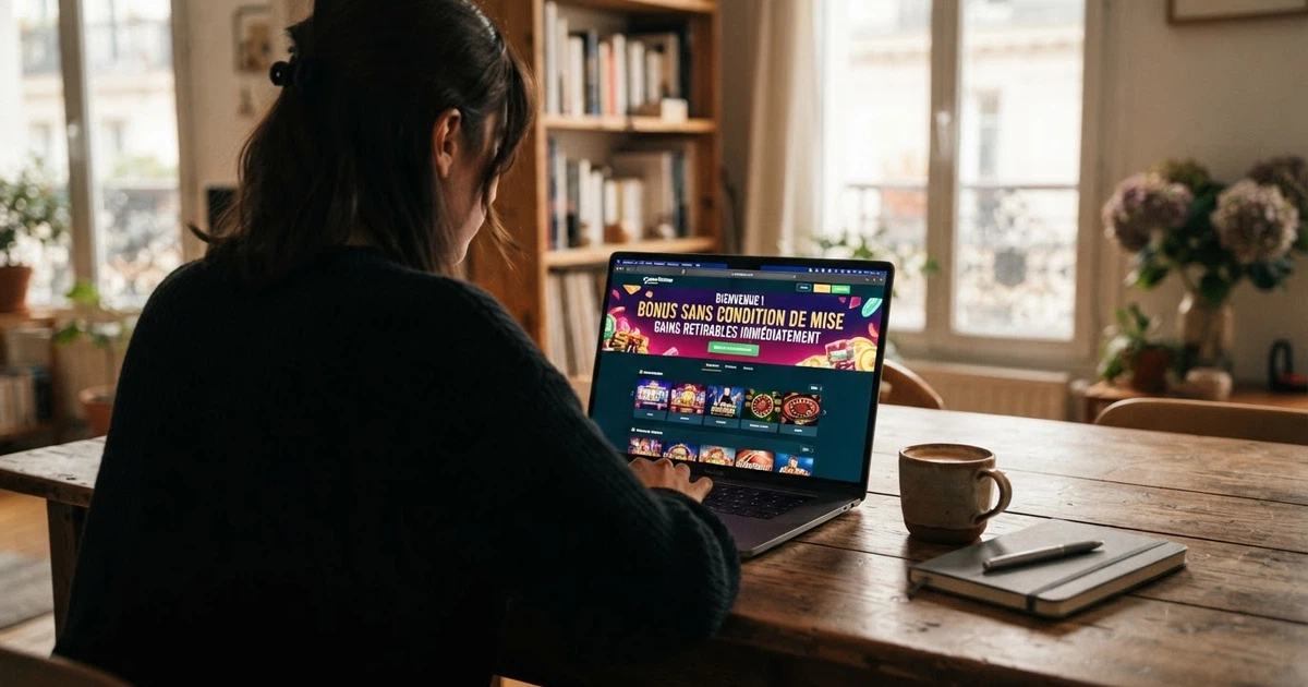 Un joueur consultant une page de casino en ligne affichant un bandeau « bonus sans condition de mise — gains retirables immédiatement ».