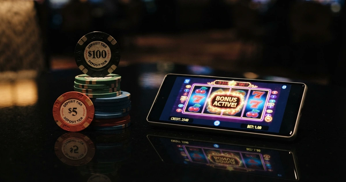 Quatre pièces de monnaie empilées par ordre croissant (1 €, 5 €, 10 €, 20 €) sur l'écran d'un téléphone affichant une interface de casino en ligne