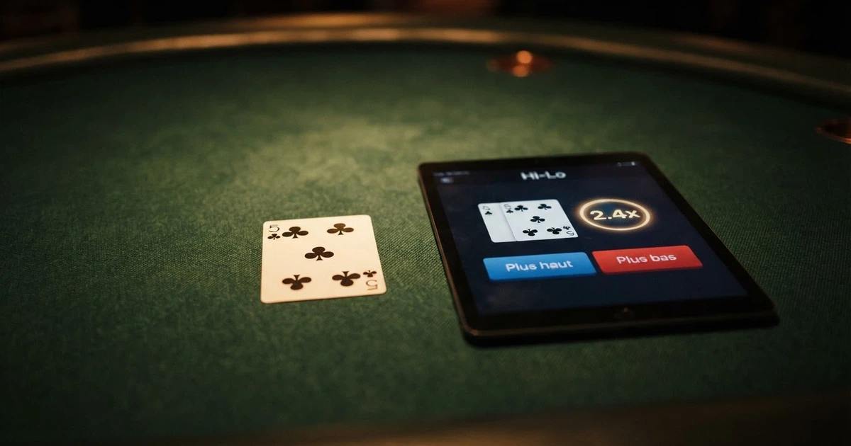 Une carte à jouer retournée face visible sur un fond de table de casino en ligne, l'interface de pari Hi-Lo affichant les boutons « Plus haut » et « Plus bas » avec un multiplicateur progressif à l'écran