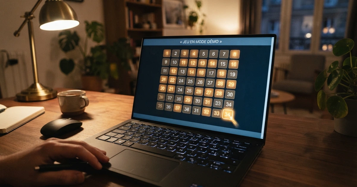 Une grille de keno illuminée sur l'écran d'un ordinateur portable, des numéros tirés au sort apparaissant en surbrillance, l'écran portant la mention « jeu en mode démo » dans un bandeau