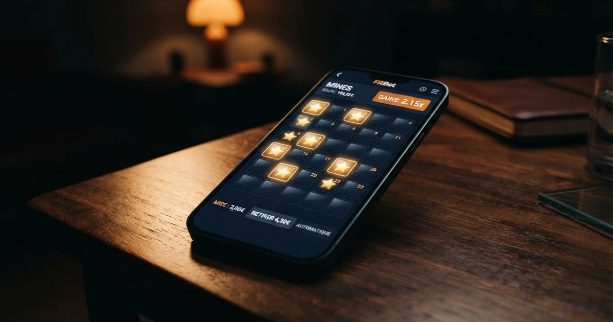 Interface du jeu mines de casino avec une grille 5×5 affichant des étoiles, des cases encore fermées et un multiplicateur en évidence
