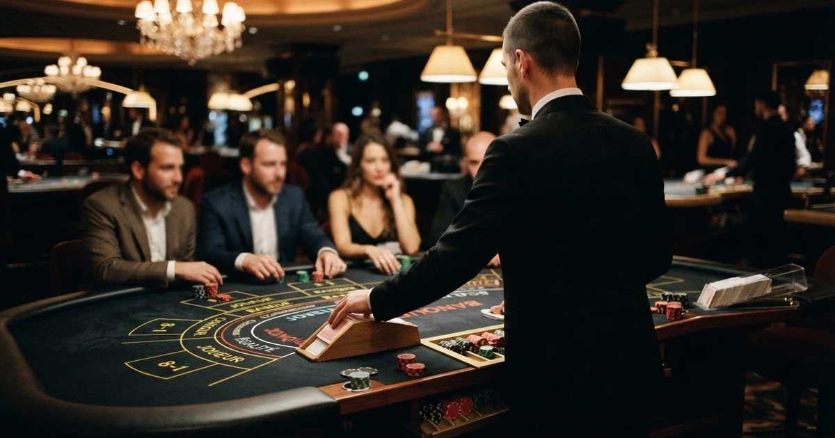Une table de baccarat en direct filmée en salle de casino, un croupier en tenue professionnelle distribue les cartes face à l'écran affichant les zones de mise Player, Banker et Tie