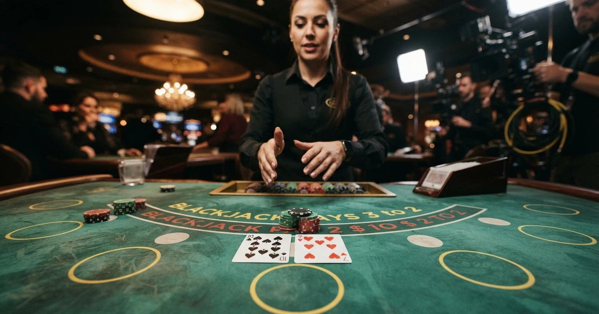 Une table de blackjack en direct avec un croupier, des cartes disposées sur le tapis vert et des jetons de couleur