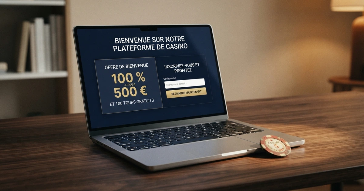 Page d'accueil d'un casino en ligne affichant un champ de saisie de code promotionnel à côté d'une offre de bonus de bienvenue