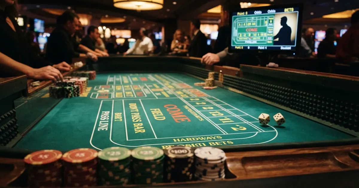 Table de craps en ligne avec dés, jetons et tapis de mise vert, écran d'ordinateur en arrière-plan