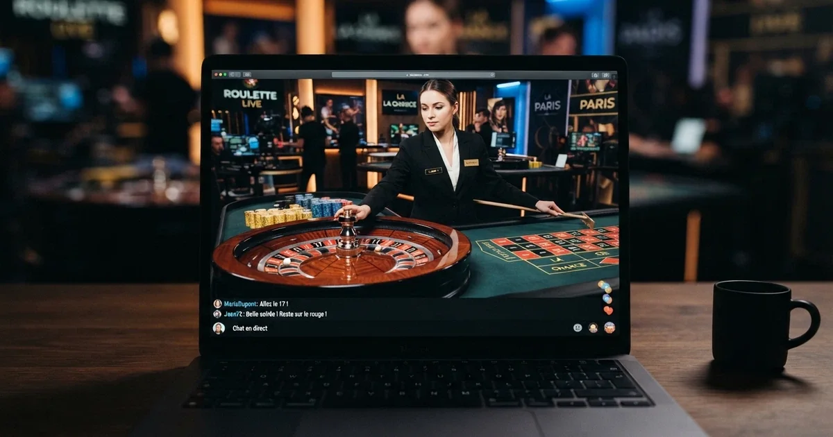 Interface d'un casino en ligne diffusant une table de jeu en direct Evolution Gaming avec croupier, roulette et interface de chat en français