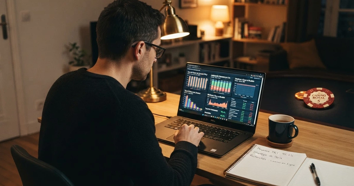 Un joueur consultant une fiche d'information sur un casino en ligne, l'air concentré, un ordinateur portable ouvert devant lui avec des graphiques de RTP visibles à l'écran