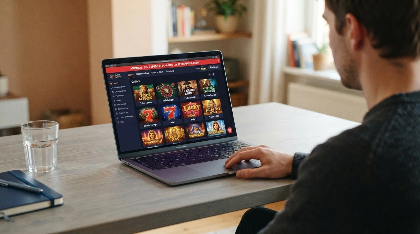 Interface d'un casino en ligne non agréé accessible en français, avec l'encadré d'avertissement de l'ANJ en surimpression