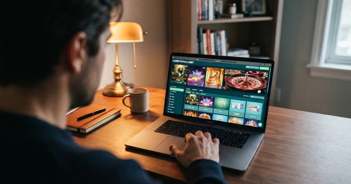 Interface d'un casino en ligne affichant des machines à sous Playtech, une roulette et des jaquettes de jeux