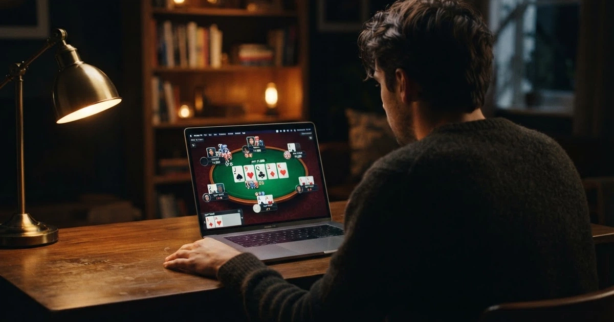 Interface d'une salle de poker en ligne agréée ANJ affichant une table de Texas Hold'em avec les cartes communes et les jetons des joueurs
