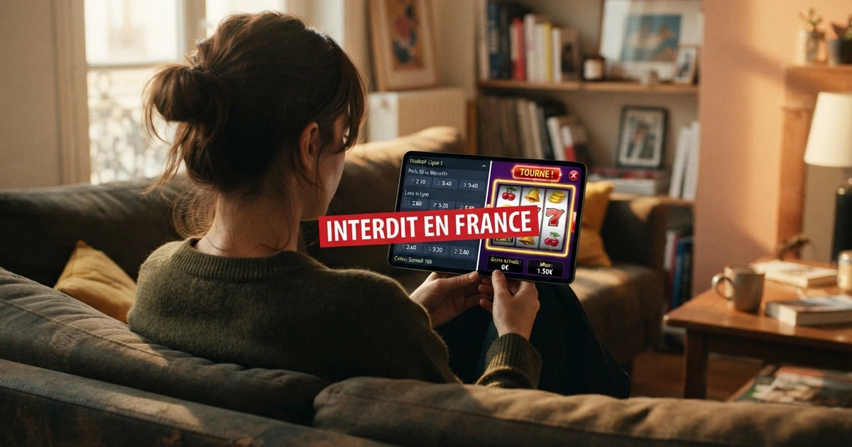 Capture d'écran partagée entre l'interface d'un site de paris sportif agréé ANJ et celle d'un casino offshore avec machines à sous, séparée par un bandeau rouge « INTERDIT EN FRANCE »