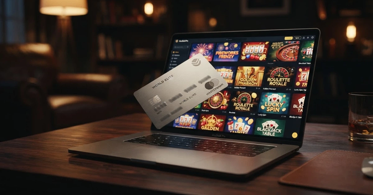 Une carte American Express posée en diagonale sur un écran affichant un lobby de casino en ligne, le tout sur fond sombre