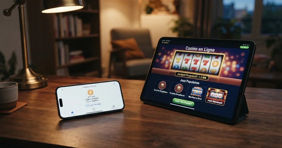 Un portefeuille bitcoin affiché sur un smartphone à côté d'une interface de casino en ligne
