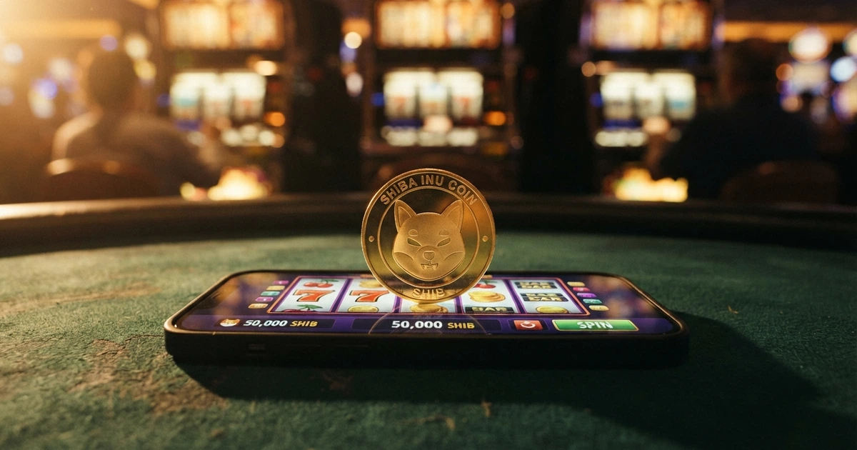 Illustration d'un jeton Dogecoin posé sur l'écran d'un casino en ligne, des machines à sous virtuelles visibles en arrière-plan