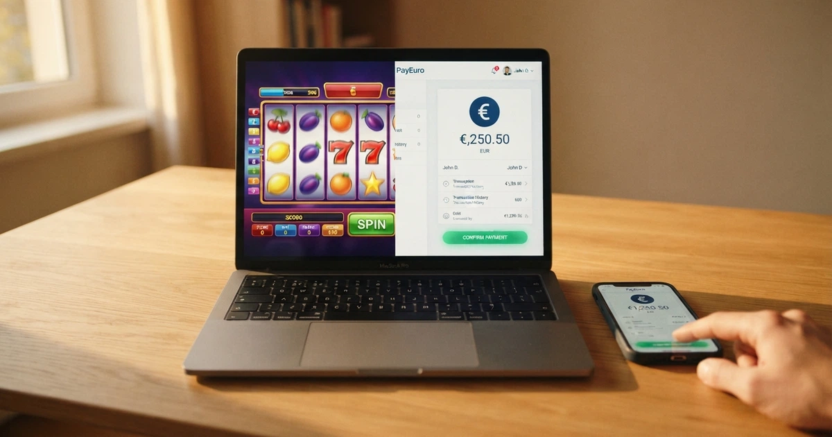Un portefeuille électronique EcoPayz/Payz affiché sur l'écran d'un ordinateur portable, à côté d'une interface de casino en ligne montrant des machines à sous