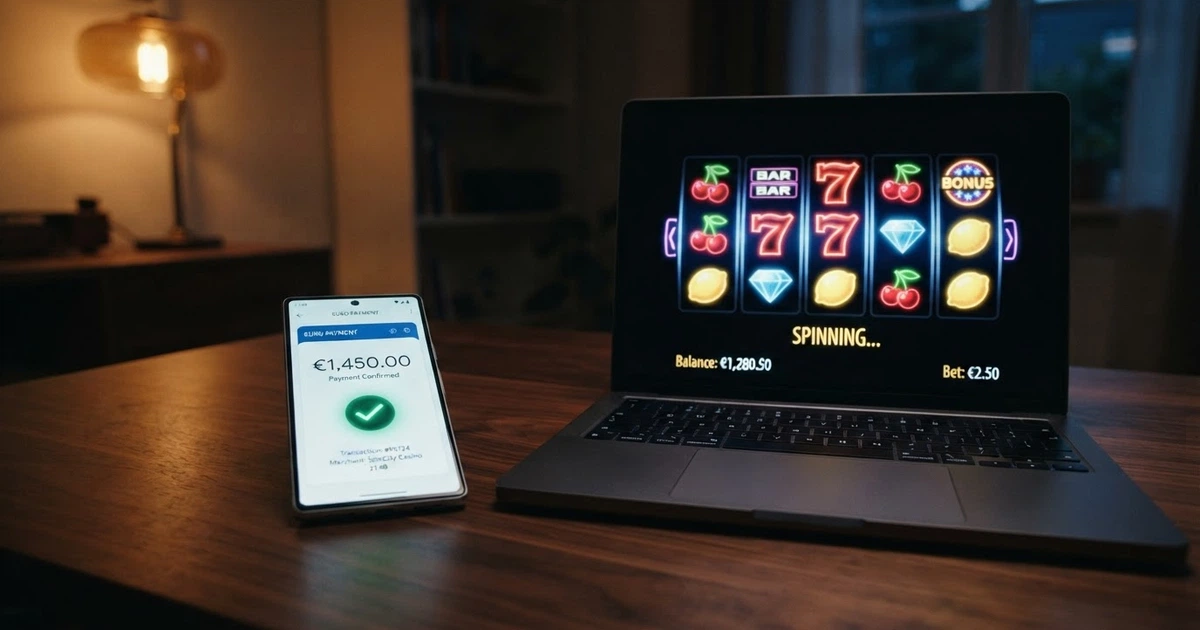 Un smartphone affichant l'interface Google Pay à côté d'un écran de casino en ligne
