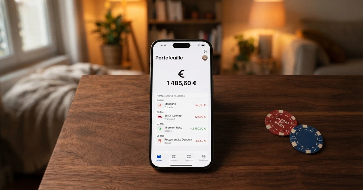 Interface du portefeuille Jeton affichée sur l'écran d'un smartphone, avec le logo Jeton et une liste de transactions récentes.