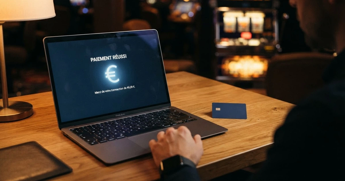L'interface de paiement Klarna affichée sur un écran d'ordinateur portable, avec une carte bancaire posée à côté et une page de casino en ligne visible en arrière-plan