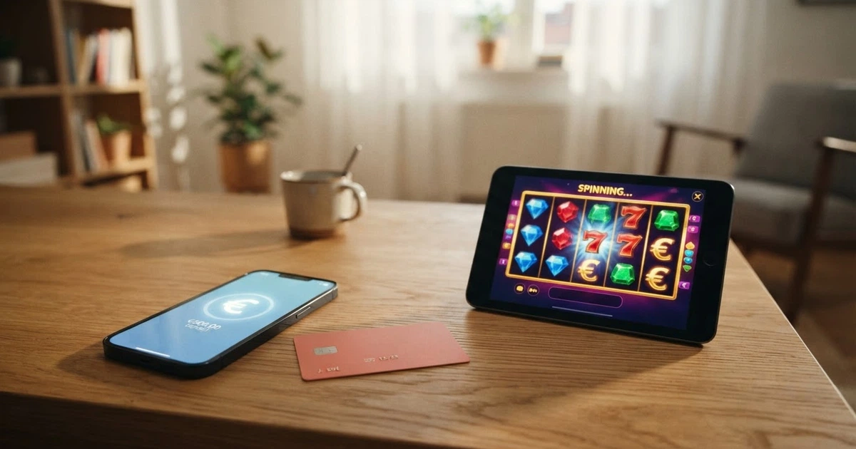 Interface de l'application Sumeria affichée sur l'écran d'un smartphone, avec une carte Visa virtuelle et le logo Sumeria, à côté d'une page de caisse de casino en ligne