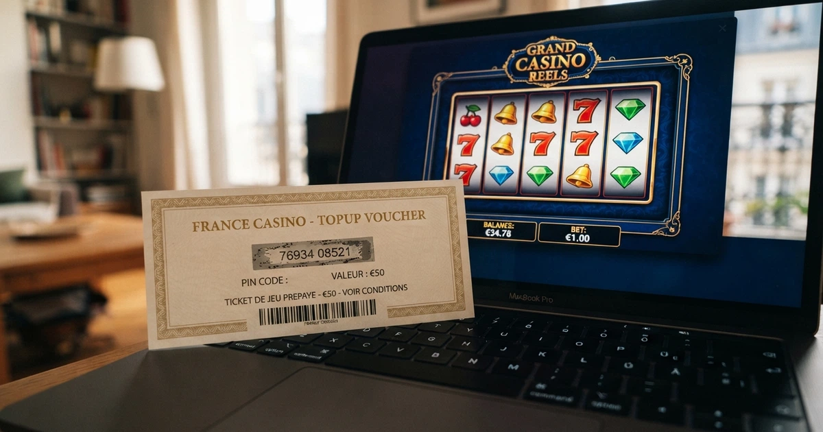 Un ticket prépayé Neosurf à code PIN posé sur un clavier d'ordinateur, l'écran affichant l'interface d'un casino en ligne avec des machines à sous colorées