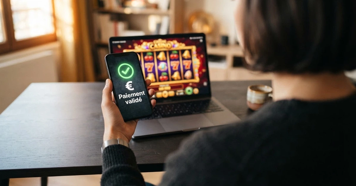 Une main tenant un smartphone affichant une transaction de paiement validée, avec en arrière-plan flouté une interface de casino en ligne sur un écran d'ordinateur