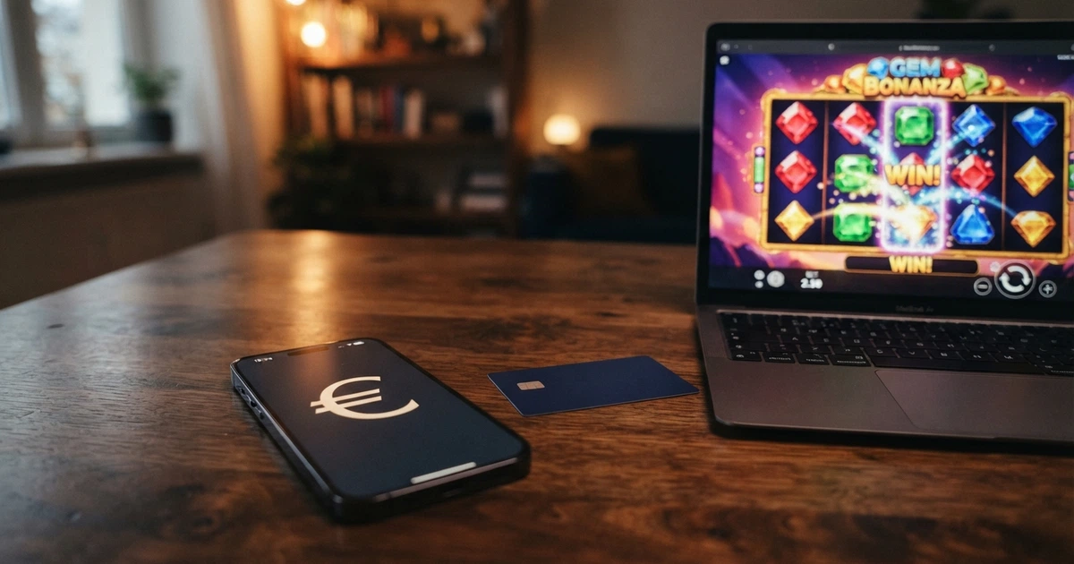 Un smartphone affichant l'interface de paiement PayPal à côté d'un écran de casino en ligne, une carte bancaire posée sur une table sombre