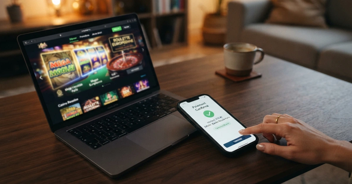 Interface de l'application Revolut sur un smartphone à côté d'un écran de casino en ligne affichant des méthodes de paiement