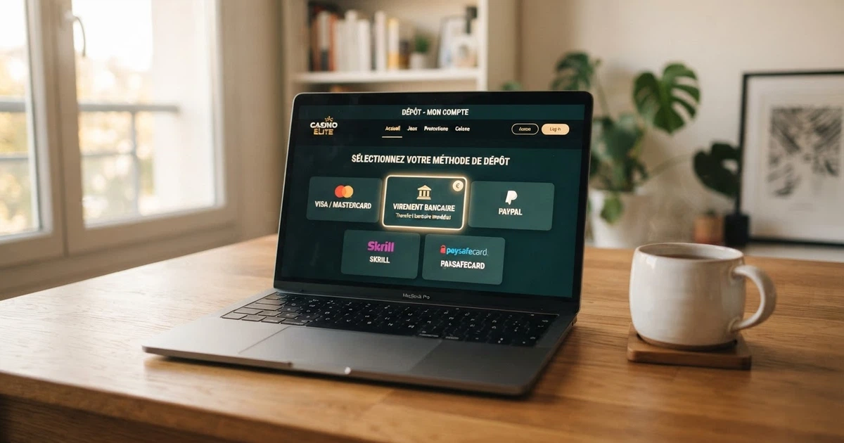 Interface de casino en ligne affichant l'option de dépôt par virement bancaire SEPA à côté des autres moyens de paiement