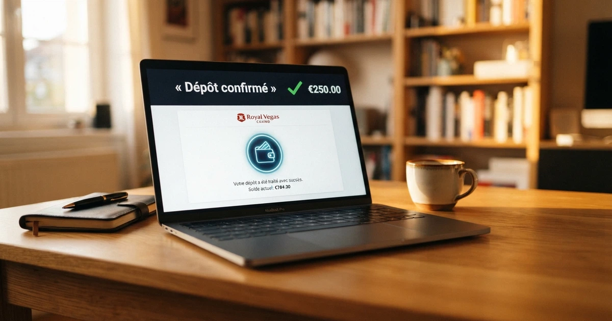 Un portefeuille électronique Skrill affiché sur l'écran d'un ordinateur portable, avec une page de casino en ligne ouverte en arrière-plan montrant une confirmation de dépôt