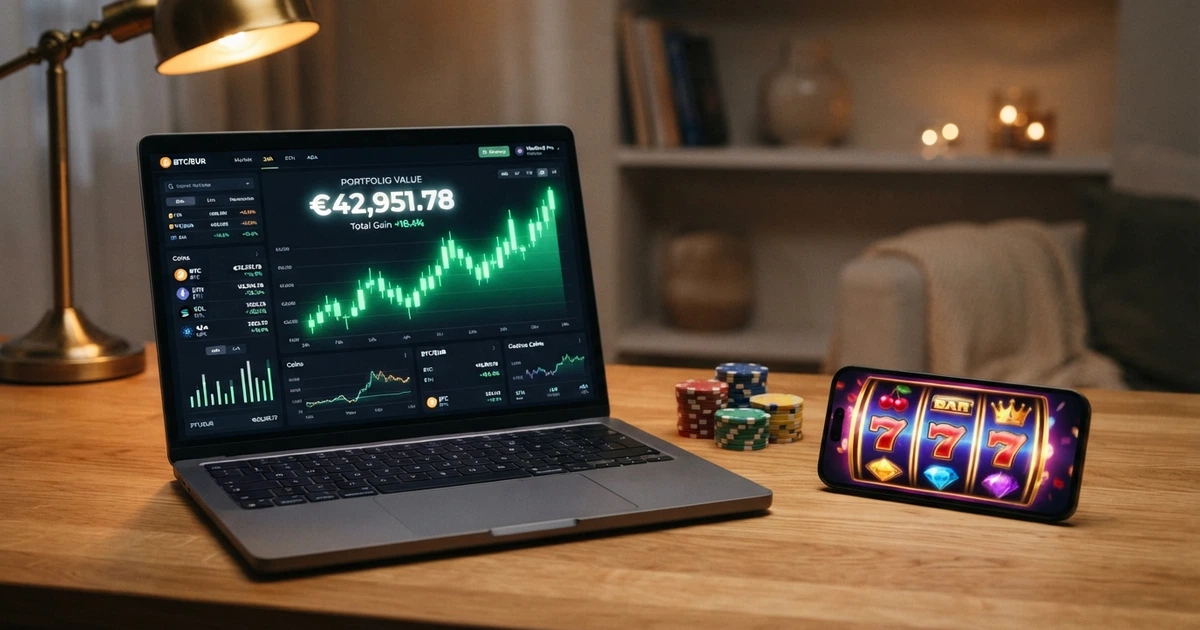Un portefeuille de crypto-monnaie TRON sur l'écran d'un ordinateur portable, affichant le logo TRX, à côté d'une interface de casino en ligne montrant des machines à sous colorées.