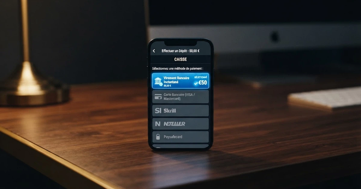 Interface d'un casino en ligne affichant le logo Trustly parmi les options de paiement disponibles à la caisse
