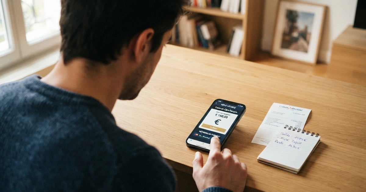 Un joueur consultant une page de casino en ligne sur son téléphone, une calculatrice et un relevé bancaire posés à côté, écran affichant une interface de dépôt par virement.