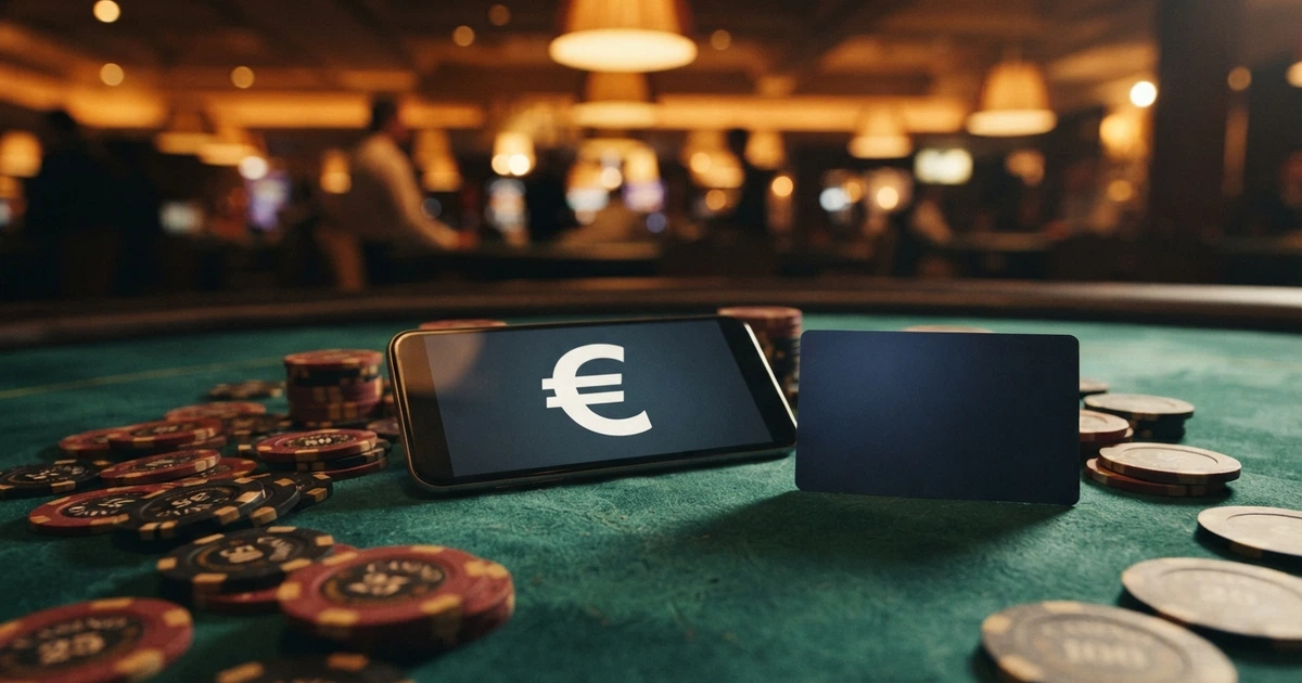 Une carte bancaire Visa posée à côté d'un téléphone affichant l'interface de caisse d'un casino en ligne, fond sombre de table de jeu