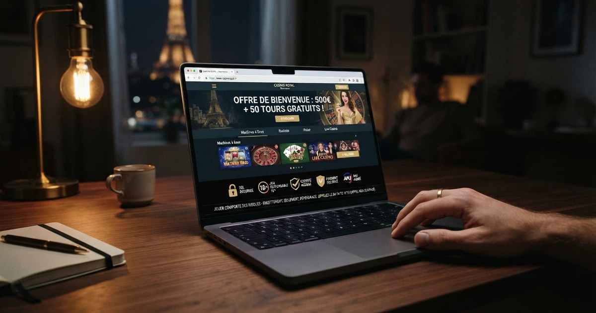 Page d'accueil d'un casino en ligne affichant un cadenas HTTPS dans la barre d'adresse, des badges de licence en pied de page et une bannière de bonus de bienvenue
