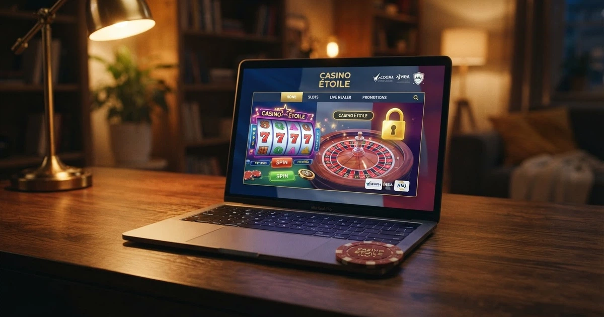 Interface d'un casino en ligne affichant un cadenas de sécurité, des badges de certification et une licence, avec un drapeau français en filigrane