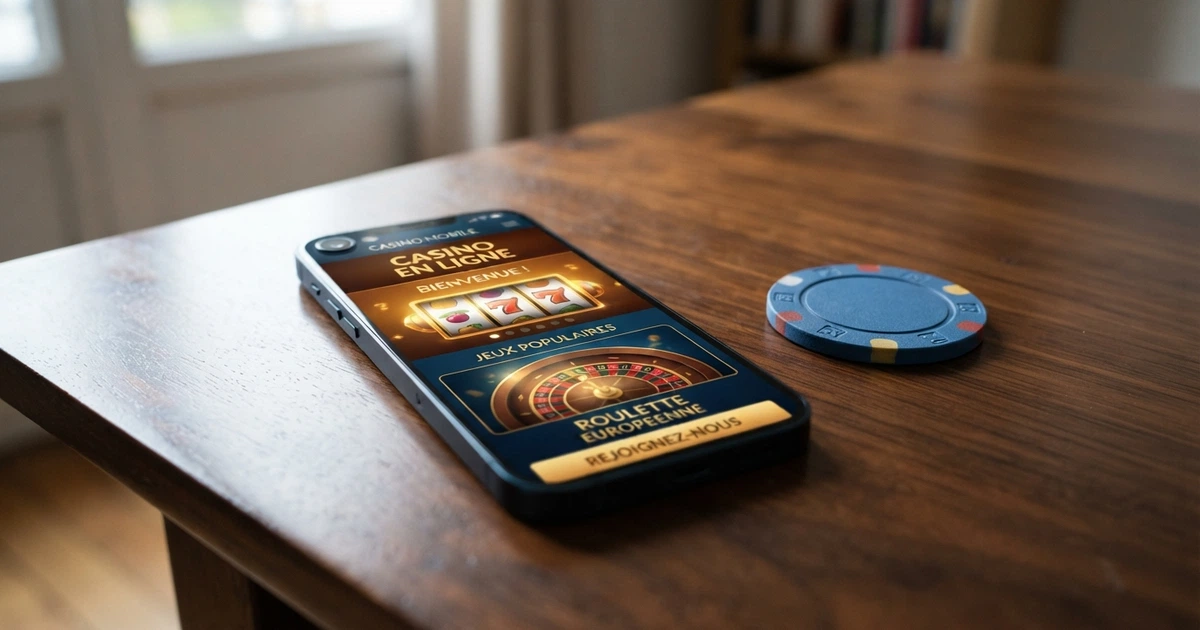 Un smartphone affichant l'écran d'accueil d'un site de jeux d'argent, posé sur une table à côté d'une carte d'identité française