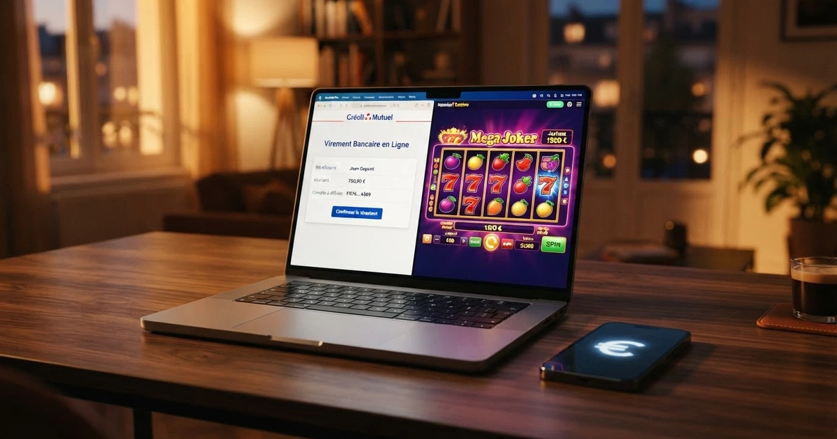 Interface de virement bancaire SEPA affichée sur l'écran d'un ordinateur portable, à côté d'une page de casino en ligne