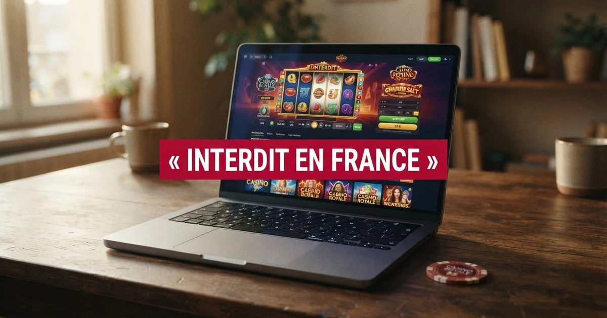 Un écran affichant la page d'accueil d'un casino en ligne avec des machines à sous, barré d'un bandeau d'avertissement « interdit en France »