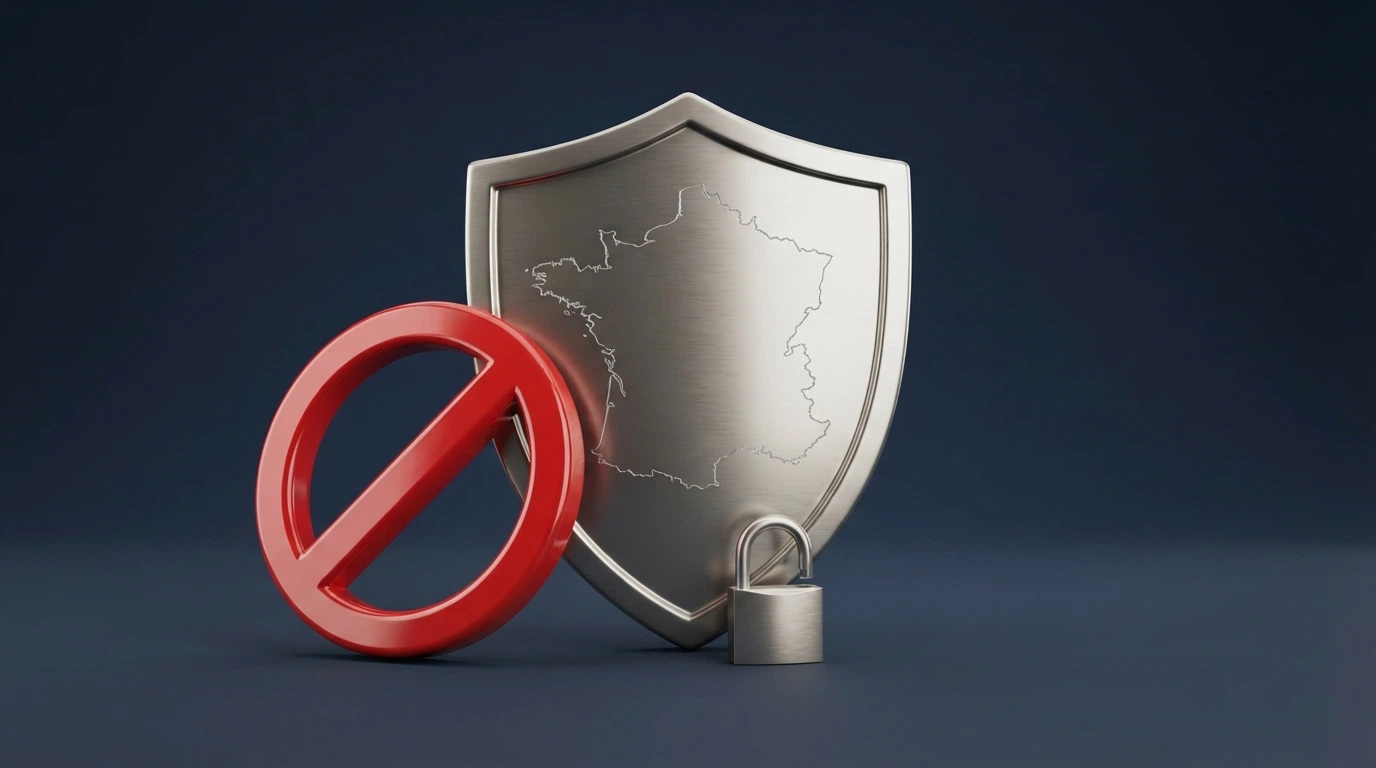 Le logo de l'ANJ sur un écran à côté d'une carte de France et d'un panneau d'interdiction