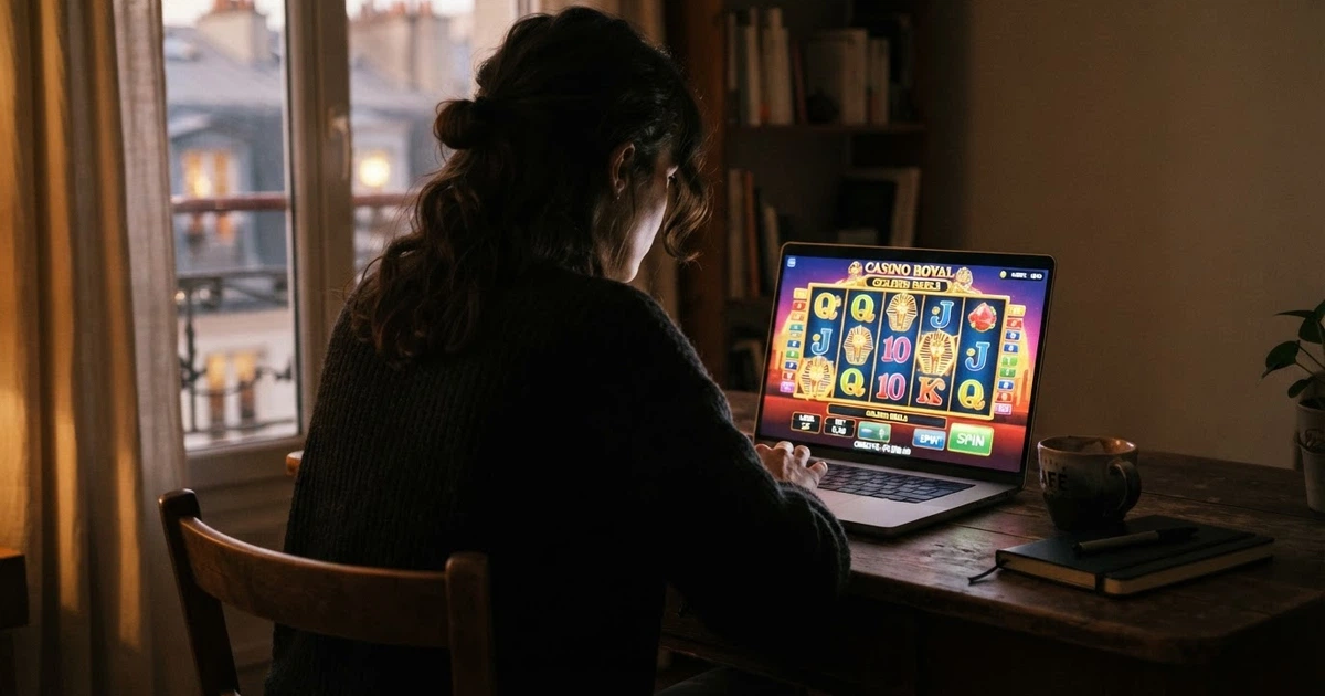 Une personne naviguant sur un site de casino gratuit dans un navigateur, l'écran affichant des machines à sous colorées sans formulaire d'inscription