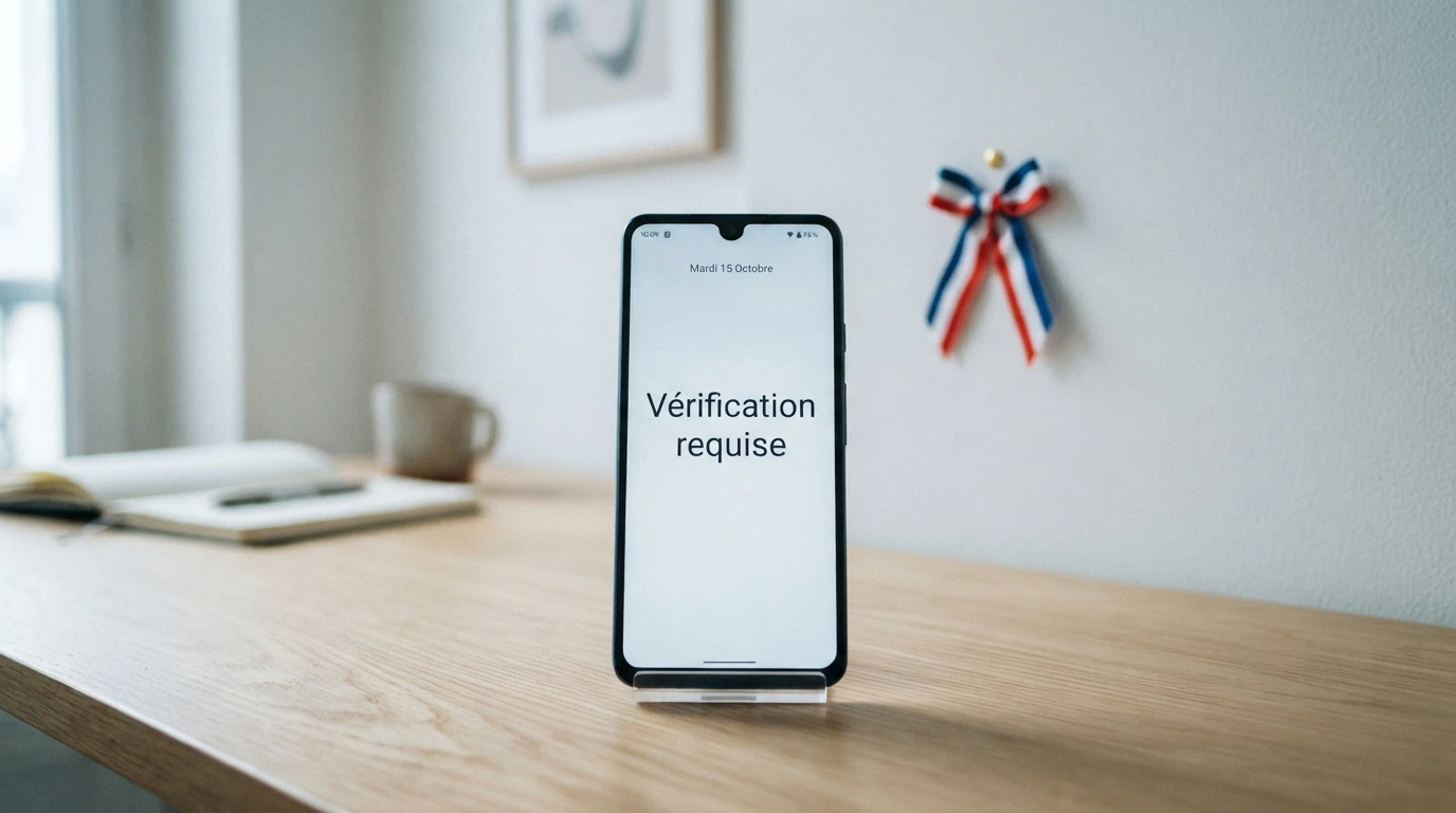 L'écran d'un iPhone affichant la page d'accueil du site anj.fr, posé sur un bureau à côté d'un document officiel aux couleurs de la République française