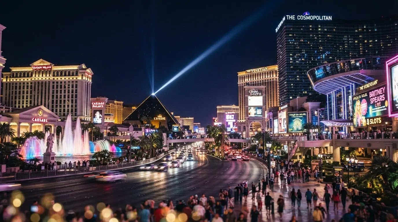 Le Strip de Las Vegas illuminé la nuit, avec les façades du Bellagio, du MGM Grand et du Mandalay Bay alignées sous les néons