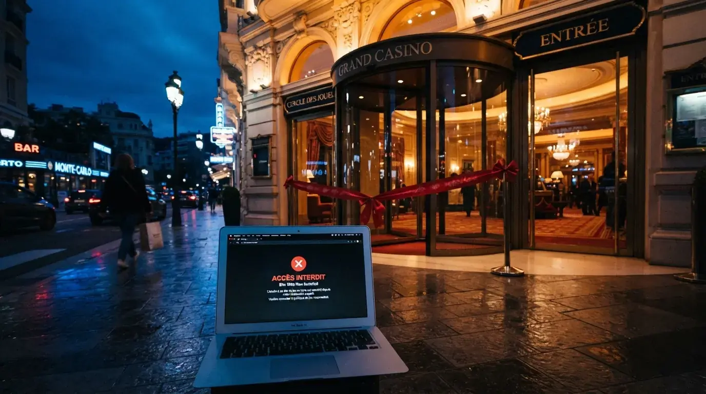 Une devanture de casino barrée d'un ruban rouge « interdit », le logo de l'ANJ en surimpression, écran d'ordinateur affichant la liste noire