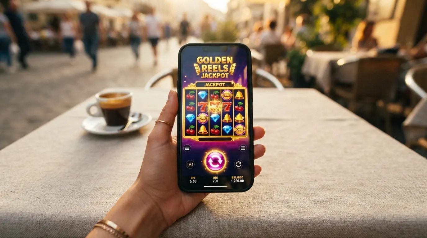 Smartphone affichant une machine à sous Hacksaw Gaming en orientation portrait, jouable au doigt
