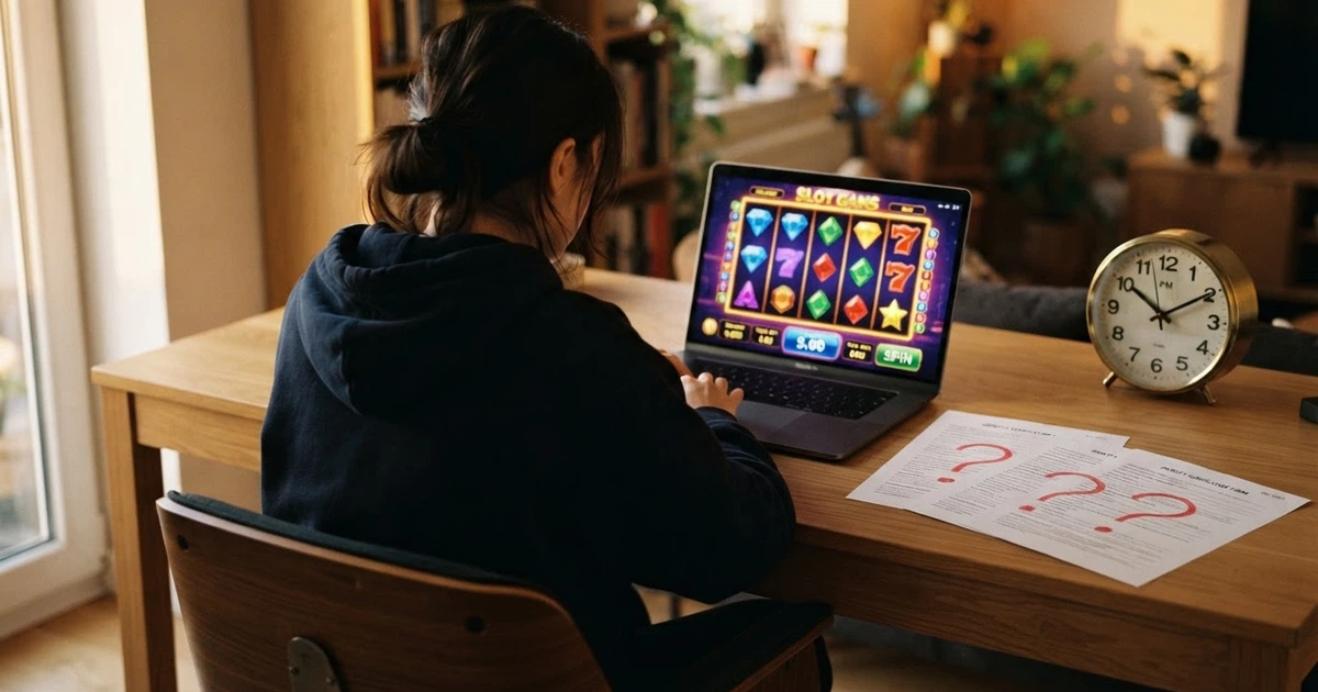 Une personne assise devant un écran affichant une interface de casino en ligne, une horloge et des documents d'identité barrés d'un point d'interrogation posés à côté du clavier.