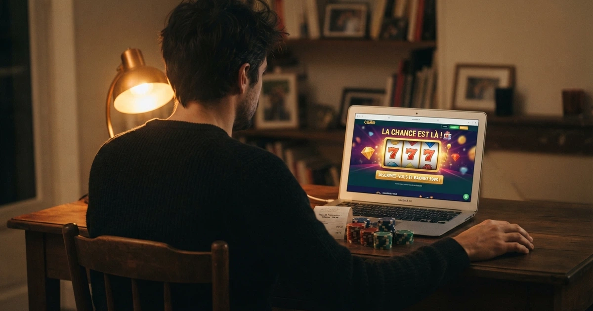 Un joueur français assis devant son ordinateur, une carte d'identité et un justificatif de domicile posés à côté du clavier, l'écran affichant la page d'accueil d'un casino en ligne