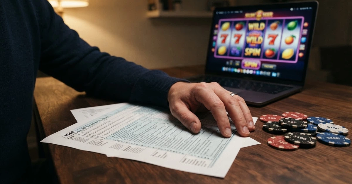 Un joueur consultant un document fiscal devant un écran affichant des jeux de casino, des jetons posés sur le bureau