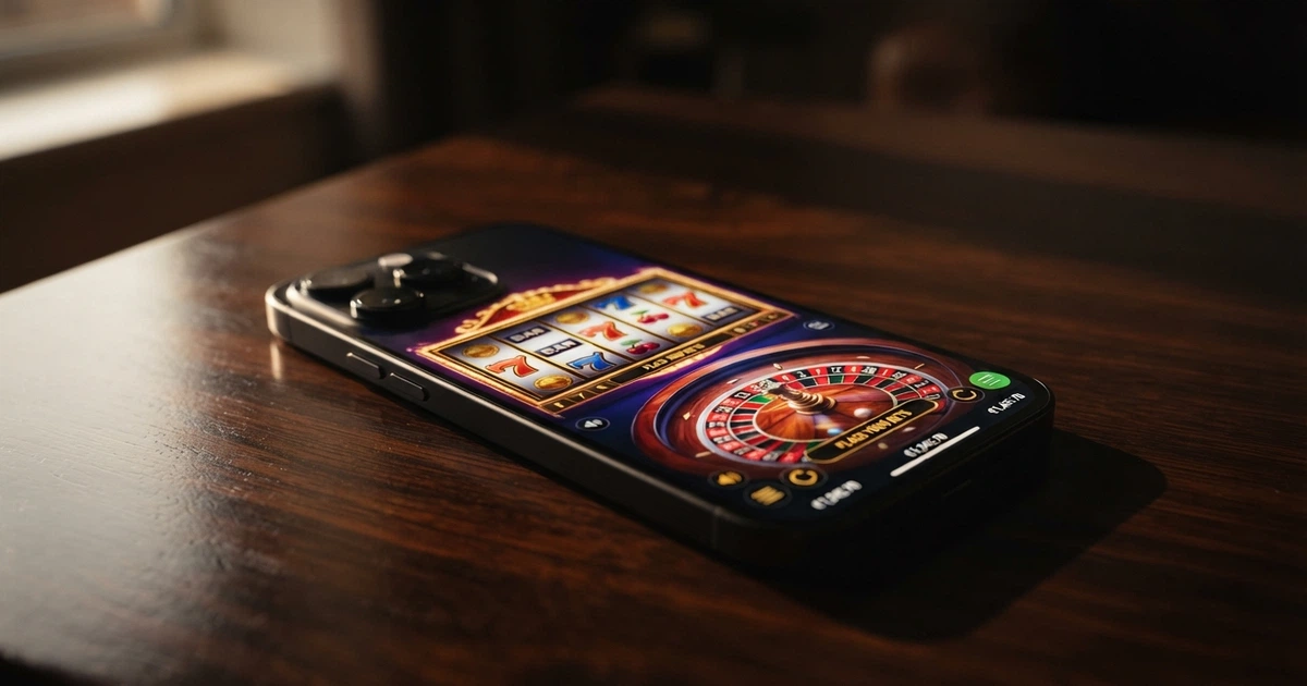 Écran d'accueil d'une application de casino mobile affichant une sélection de jeux sur un smartphone tenu en main