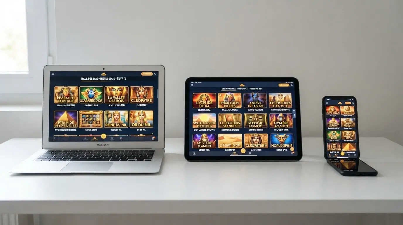 Écran partagé montrant les interfaces de trois casinos en ligne affichant Book of Ra dans leur lobby de machines à sous